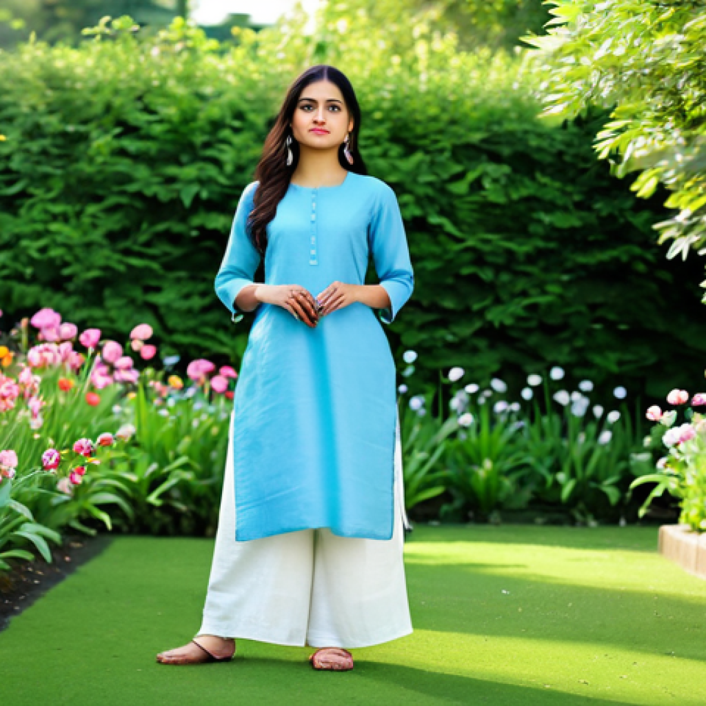 A young adult woman in a light blue, breathable linen A-line kurti paired with white palazzo pants, fully clothed, modest clothing, appropriate attire. She is standing gracefully in a vibrant spring garden, surrounded by blooming flowers and lush greenery under a clear sky. The scene is bathed in soft natural light, highlighting the relaxed and effortless feel of her attire. Perfect anatomy, correct proportions, natural pose, well-formed hands, proper finger count, natural body proportions, professional photography, high quality, safe for work, appropriate content, family-friendly.