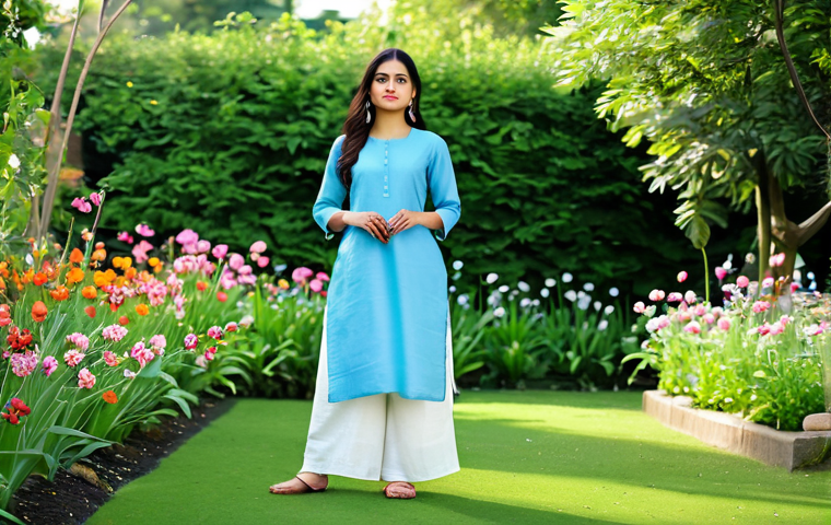 A young adult woman in a light blue, breathable linen A-line kurti paired with white palazzo pants, fully clothed, modest clothing, appropriate attire. She is standing gracefully in a vibrant spring garden, surrounded by blooming flowers and lush greenery under a clear sky. The scene is bathed in soft natural light, highlighting the relaxed and effortless feel of her attire. Perfect anatomy, correct proportions, natural pose, well-formed hands, proper finger count, natural body proportions, professional photography, high quality, safe for work, appropriate content, family-friendly.