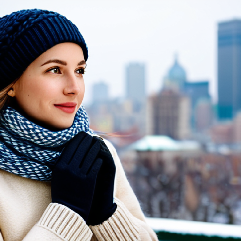**

"A woman in a professional setting, wearing a solid-colored sweater and a patterned wool muffler tied in a simple loop. She is also wearing matching gloves and hat. The background is a softly blurred cityscape in winter. Fully clothed, modest clothing, safe for work, appropriate content, perfect anatomy, natural proportions, professional fashion photography, high quality."

**