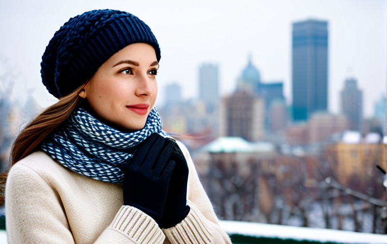 **

"A woman in a professional setting, wearing a solid-colored sweater and a patterned wool muffler tied in a simple loop. She is also wearing matching gloves and hat. The background is a softly blurred cityscape in winter. Fully clothed, modest clothing, safe for work, appropriate content, perfect anatomy, natural proportions, professional fashion photography, high quality."

**