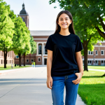 **

"A college student, fully clothed in a comfortable and modest outfit, walking on campus. She's wearing a loose t-shirt and jeans, appropriate attire. Background: a university building and green trees. Safe for work, perfect anatomy, natural pose, professional photography."

**
