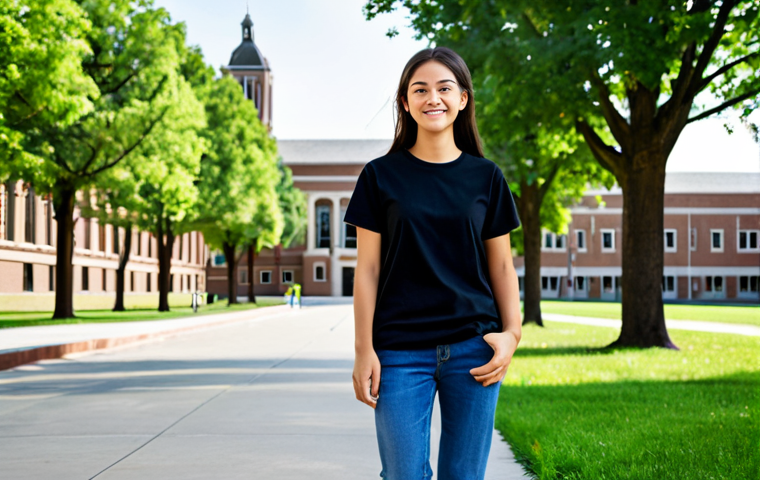 **

"A college student, fully clothed in a comfortable and modest outfit, walking on campus. She's wearing a loose t-shirt and jeans, appropriate attire. Background: a university building and green trees. Safe for work, perfect anatomy, natural pose, professional photography."

**