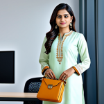 **

"A professional Indian businesswoman in a modest and stylish kurta suit, standing in a modern office. She is holding a Lavie sling bag. Fully clothed, appropriate attire, safe for work, perfect anatomy, natural proportions, professional photography, high quality, family-friendly."

**