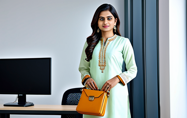 **

"A professional Indian businesswoman in a modest and stylish kurta suit, standing in a modern office. She is holding a Lavie sling bag. Fully clothed, appropriate attire, safe for work, perfect anatomy, natural proportions, professional photography, high quality, family-friendly."

**