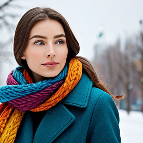 Winter Fashion - Scarf Focus**

"A woman in a cozy winter coat, fully clothed, appropriate attire, with a large, colorful woolen scarf wrapped around her neck, safe for work, modest clothing, professional photography, natural pose, perfect anatomy, high quality."

**