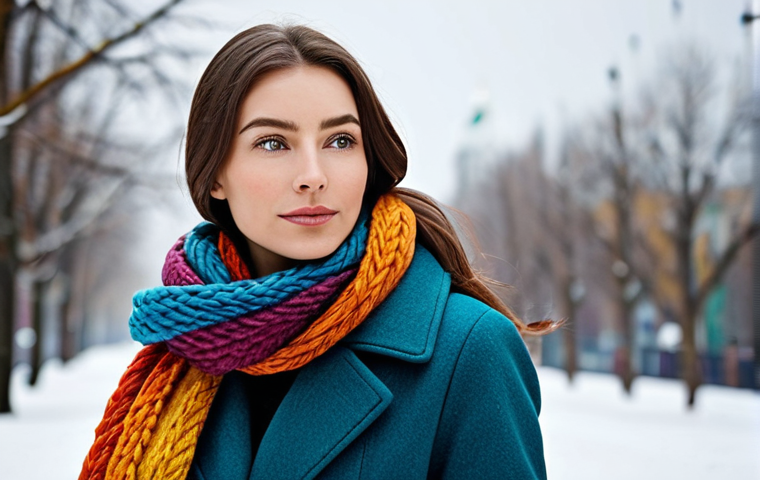 Winter Fashion - Scarf Focus**

"A woman in a cozy winter coat, fully clothed, appropriate attire, with a large, colorful woolen scarf wrapped around her neck, safe for work, modest clothing, professional photography, natural pose, perfect anatomy, high quality."

**